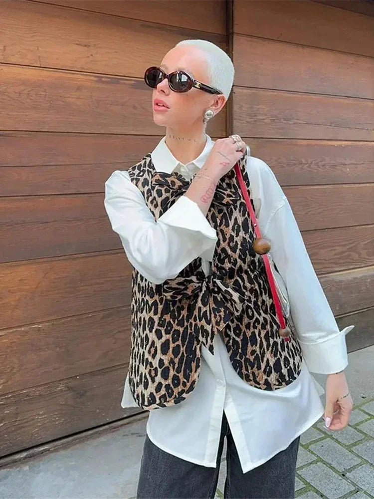 Leopard Printed Lace Up Top for V Neck Sleeveless Vest New Spring Summer Female High Street Wasitcoat
