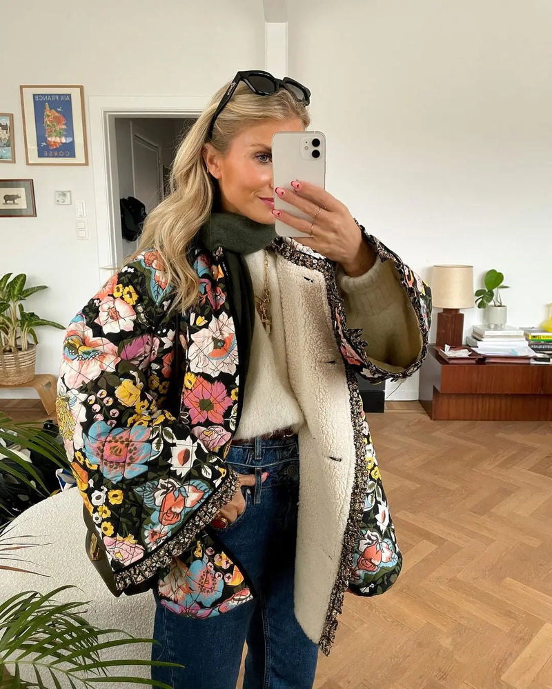 Flower Printed Spliced Coat for Long Sleeve Thick Warm Cotton Jacket Autumn Winter