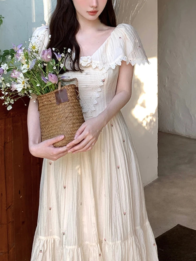 Summer French Embroidery Fairy Midi Dress Party Dress Style One Piece Dress Korean