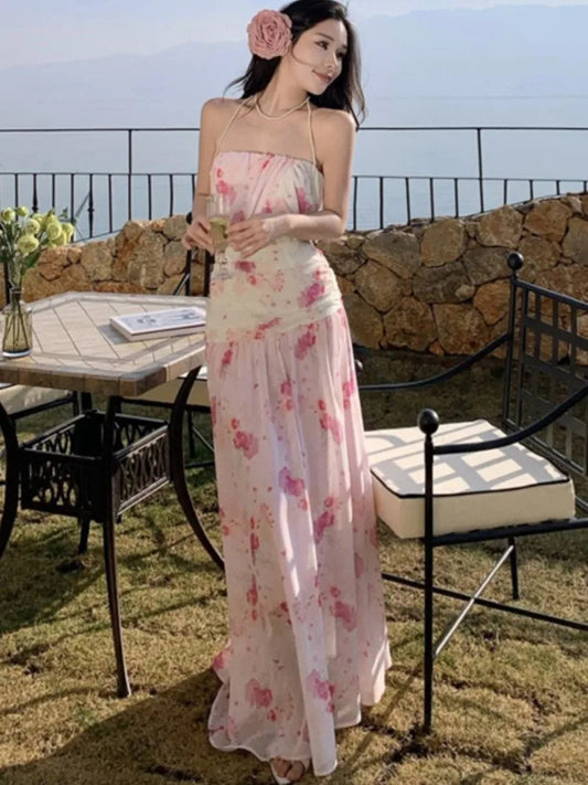 Sweet Print Long Dresses for Strapless Sleeveless Evening Party Dress New Holiday Beach Vestidos