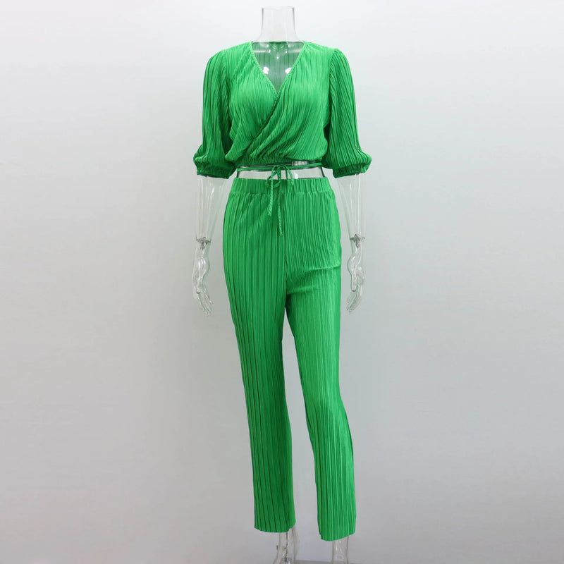 Summer Orange Pleated Pants Two Piece Sets Suits Laceup Tops and High Waist Trousers 2 Piece Sets