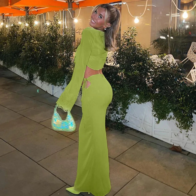 New Female Blouse Gradient Color Longsleeved Blouse Hanging Neck Halter Contrast Color Long Skirt Twopiece Suit