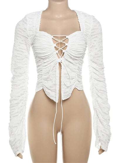 Autumn Ruffled T-shirt Cropped Top Female Hollow Out Lace-up Patchwork Loose Outwear White Bandage Tee Coat