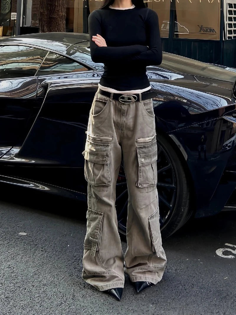 Brown Jeans High Waist American Wide Leg Pants Straight Baggy Denim Trousers Mom Oversize Pants