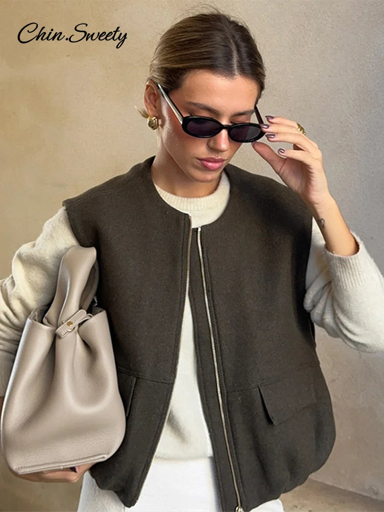 Street Zipper Waistcoat for Zipper O-neck Sleeveless Thick Warm Vest Top Female Spring Lady All-matching Outwear New
