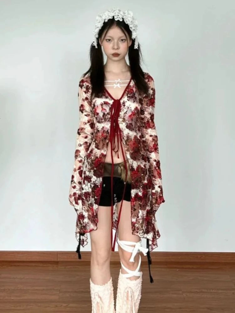 Print Blouse Female Gothic Style Red Flare Sleeve Mesh Transparent Shirt Slim Emo Laceup Cardigan
