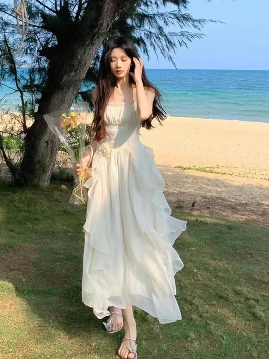 Irregular Ruffles Midi Dress New Summer Spaghetti Strap Beach Vocation Korean Female Vestidos