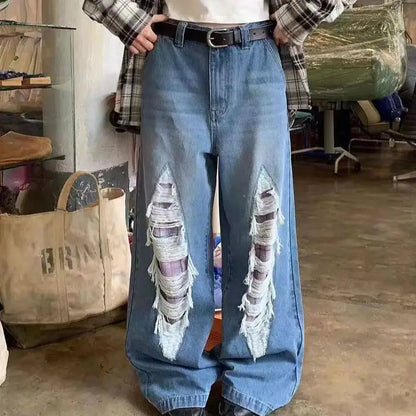 Jeans With Contrasting Plaid Holes and Splicing High-waisted Summer American High Street Loose Slimming Wide-leg Pants