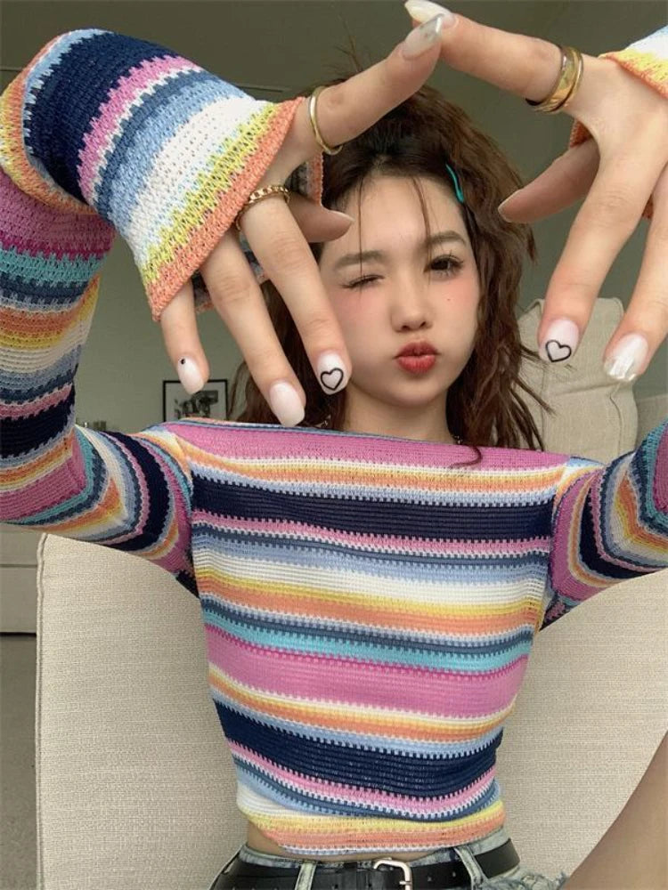Long Sleeve Striped Sweater Off Shoulder Jumpers for Kawaii Pullover Y2k Korean Style Sweet Top