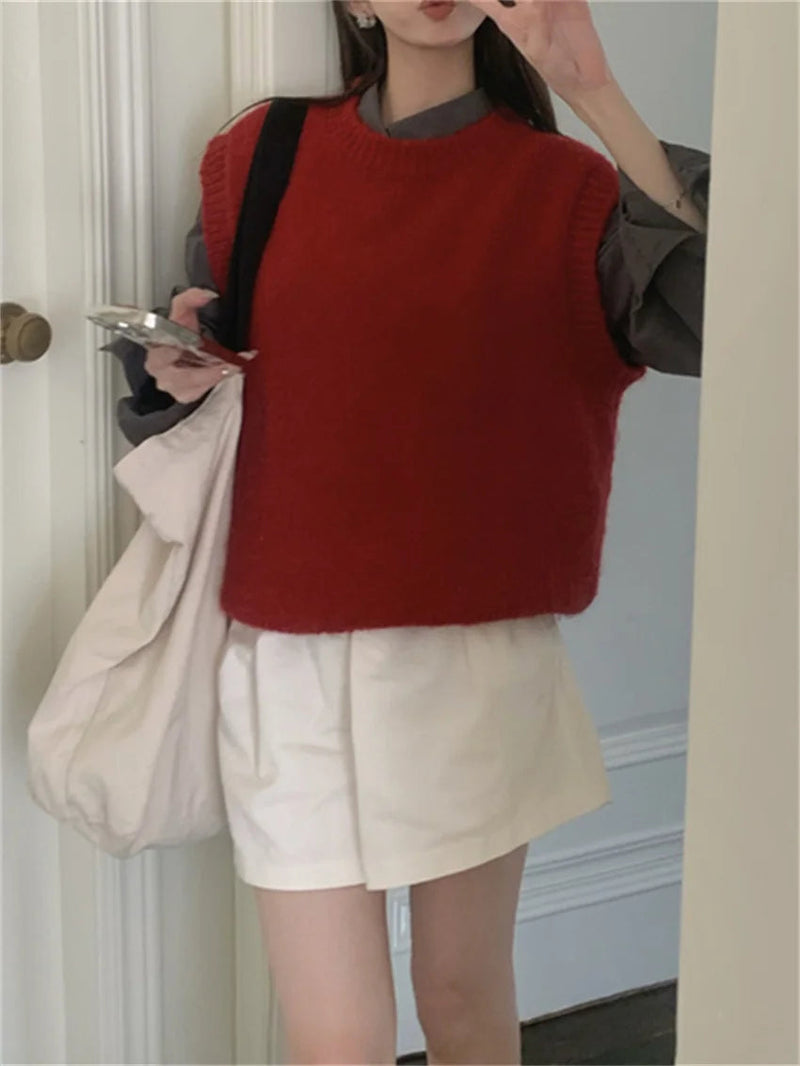 New Red Sweaters Vest Loose Daily Knitwear All Match Winter Pullovers Gentle Slim
