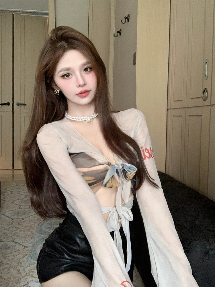 Womnen Coquette Gyaru Gauze Shirts Graphic Long Sleeve Blouses Vneck Backless Y2k Crop Tops 2000s Aesthetic