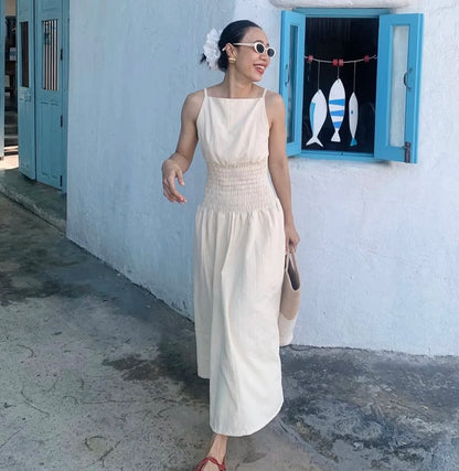 Korean Summer New French Vacation Style Wrinkles Hugging Waist Stretching Sleeveless Strap Long Dresses