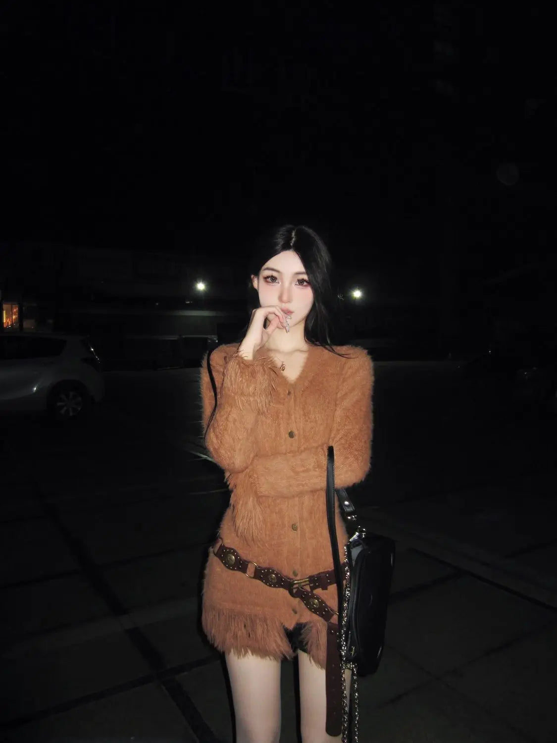 Retro Lazy Stylish Tassel Vneck Sweater Clothing Autumn/winter Loose Soft Furry Slim Camel Knitted Cardigan Tops