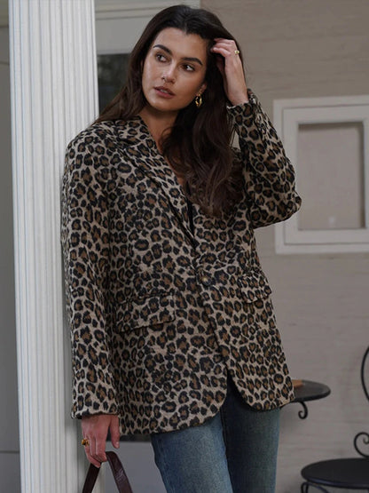 Fall Leopard Print Jacket Blazer Lapel One Button Long Sleeve Loose Coat Female All-matching New in Outwears