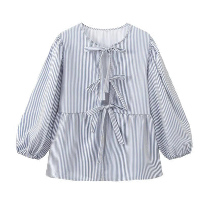 Summer Causal Round Neck Laceup Blouses Puff Long Sleeves Loose Shirt Y2k Female Stripe Tops