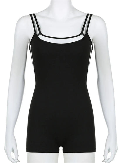 Summer Black Contrast Stitching Fitness Romper for Woman Sleeveless Backless Skinny Playsuit Street Workout Overalls