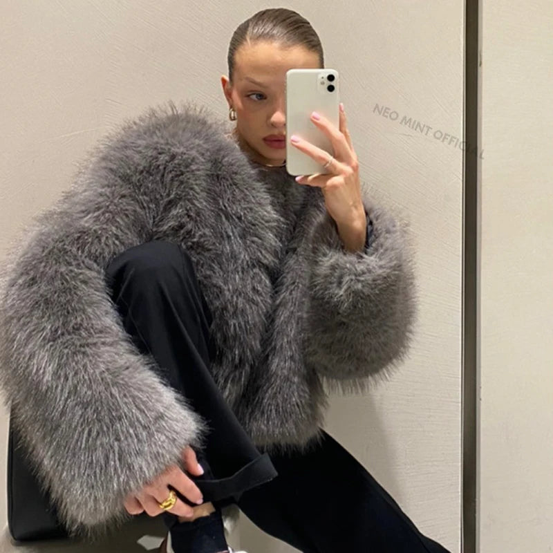Street Gray Fluffy Short Faux Fox Fur Jacket Winter Hot Brand Thick Warm Eco Fur Coat Female