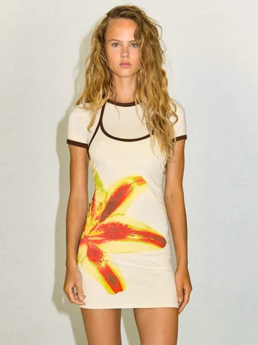 Print Suspender Y2k Dress for Clothing White Crop Top Mini Dress 2 Pcs Set Slim Fit Vestidos De Mujer