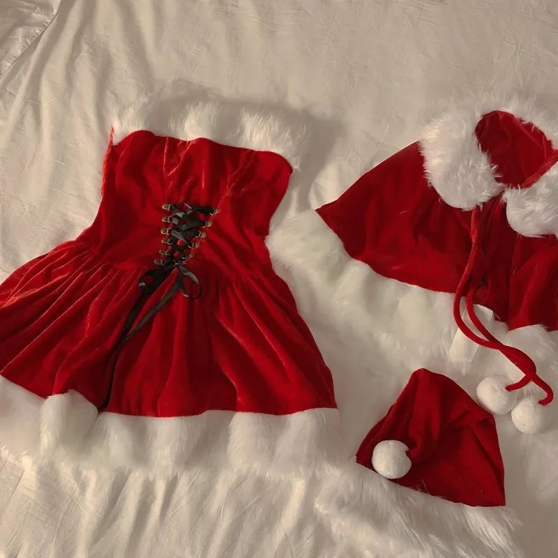 Kawaii Dress Suits for Sweet Strapless Bandage Party Prom Mini Dresses Red Shawl Christmas Hat 3 Piece Set Holiday Outfits