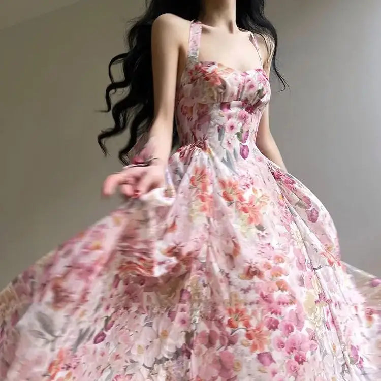 Suspender Dress French Exquisite Print Summer Vacation Seaside Swing Long New Long Dress