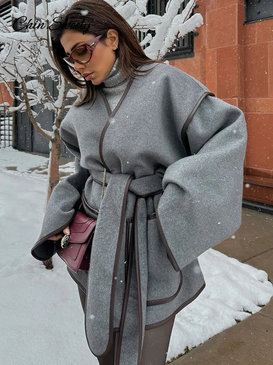 Patchwork Belt ’s Coats Contrast V-neck Long Sleeve Pocket Female Overcoats Autumn Lady New in Outwear