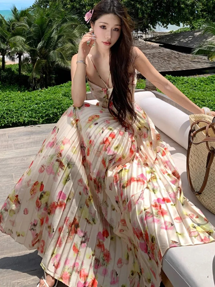 Print Long Dresses for Backless Laceup Party Dress Summer Holiday Beach Pleated Aline Vestidos Robe
