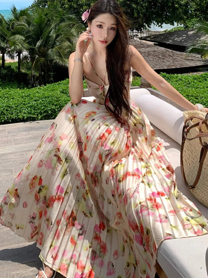 Print Long Dresses for Backless Laceup Party Dress Summer Holiday Beach Pleated Aline Vestidos Robe