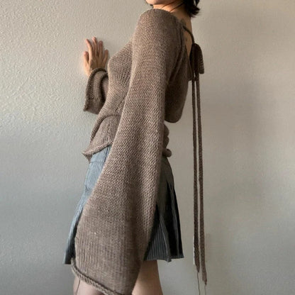 ’s Tie Up Backless Knitted Sweaters Autumn Long Sleeve Boat Neck Pullover Tops Korean Y2k Jumpers T-shirt
