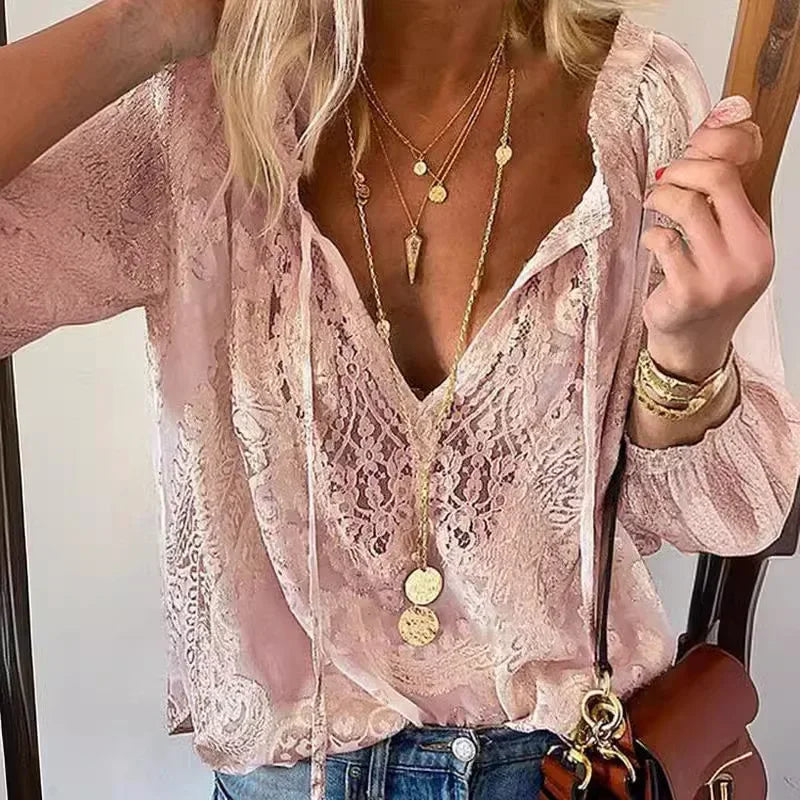 Button Lace-up Long Sleeve Blouse