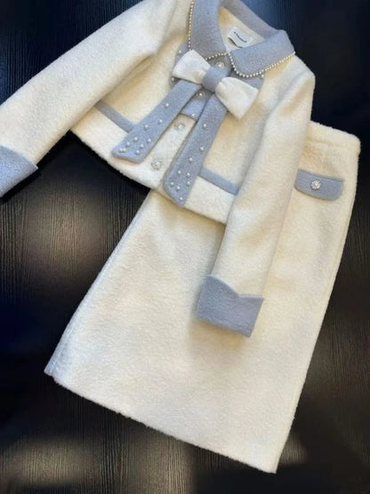 Sweet Hot Girl Suit Autumn/winter Bow Beaded Longsleeved Coat High Waisted Aline Skirt Twopiece Set Female Clothes
