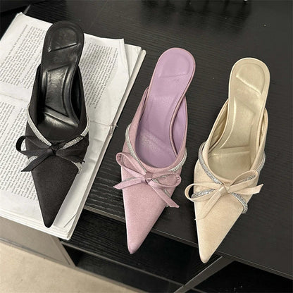 Crystal Butterflyknot Woman Pumps Design Style Low Heels Pointed Toe Shallow Shoes Slides Mules Slippers