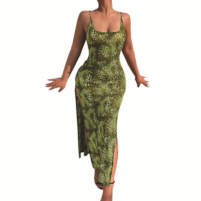 Leopard Print Slim Long Dresses Low Cut Backless Package Hip Bodycon Slit Dress Female Summer New