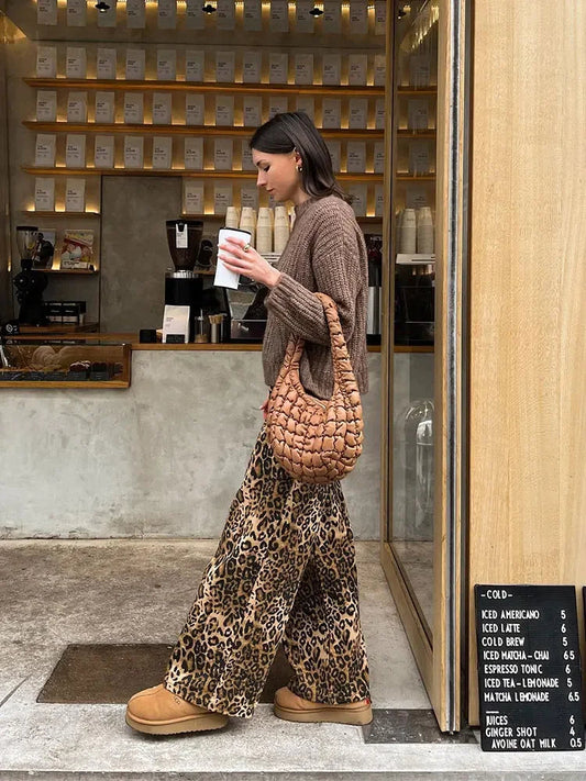 Leopard Printed Loose Wide Leg Pants High Waist Long Trousers New Lady Commute