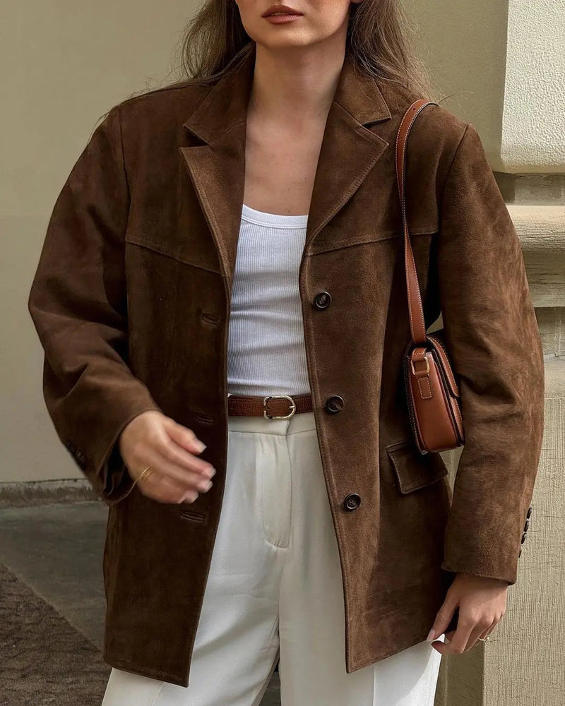 Brown Cropped Lapel Jacket Single Breasted Long Sleeve Loose Coat New Winter Female