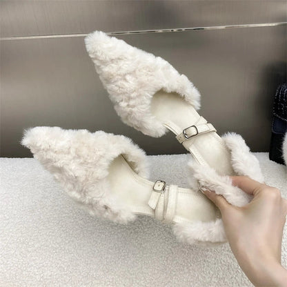 Faux Fur Fluffy Pumps Street Style Pointed Toe Thin High Heels Shoes Party Prom Zapatos De Mujer