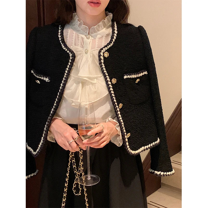Cropped Tweed Jackets Black Thicken Coat Korean Single Breasted Blazer Warm Short Outerwear Tops