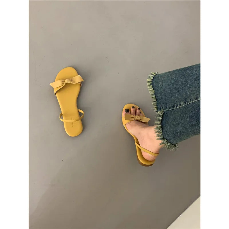 Flat Shoes Female Low Woman's Slippers Slides Butterflyknot Designer Rome Butterflyknot Rubber Retro Scandals Pu H