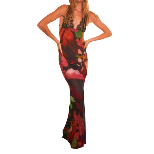 Lace Trim Dress Y2k Aesthetic Leopard/ Print Sleeveless Long Dresses Backless Cocktail Party Dresses
