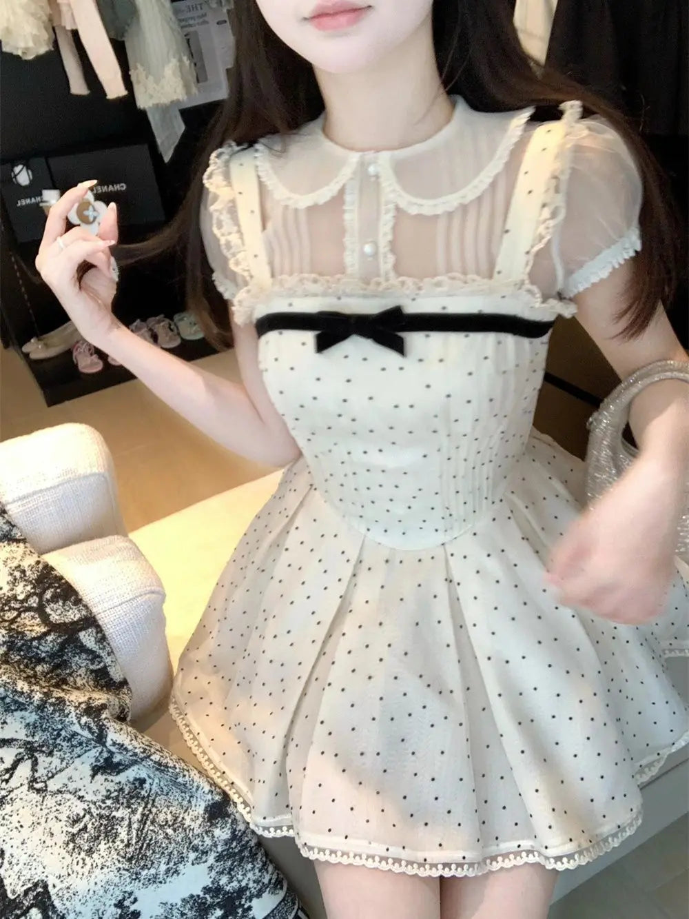 Summer Kawaii New Two Piece Set Chiffon Blouse+sleeveless Strap Dress Female Lolita Japanese Princess Suit