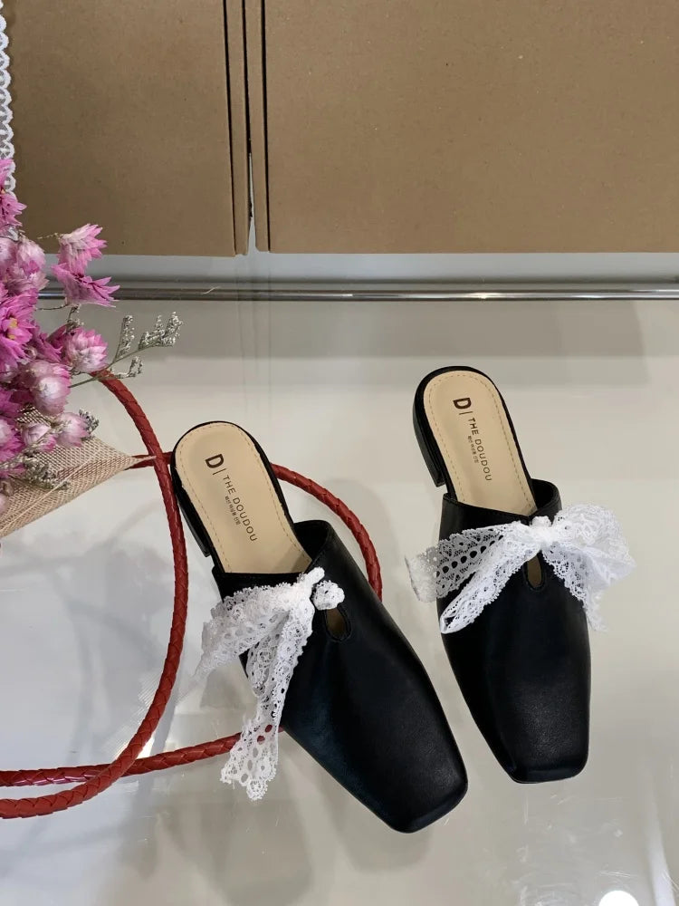 Slippers Flat Shoes Female Lace Beige Heeled Sandals Slides Cover Toe Slipers Mules Butterflyknot Blac
