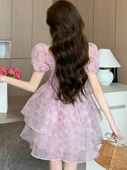 Korean Sweet Laceup Mini Dress Print Puff Sleeve Ball Gown Birthday Party Short Dresses Summer Spring Princess Vestidos