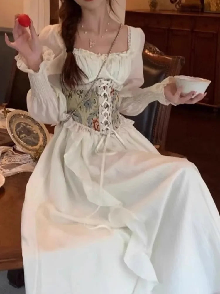 Midi Dresses for With Wide Corset Belt Ruffles French Party Dress Birthday Prom Robe Vestido