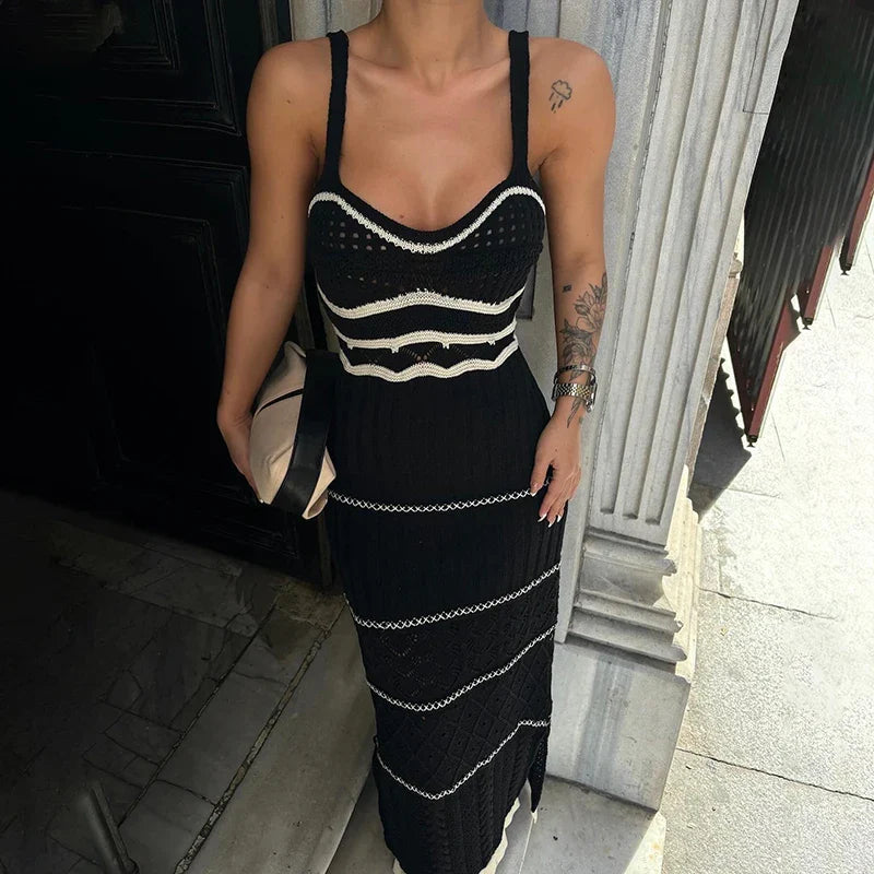 High Street U Neck Striped Knit Dresses Hollow Out Spaghetti Tank Long Dress Slit Bodycon Party Dress