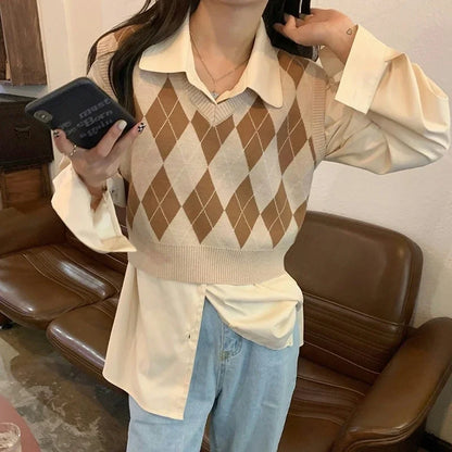 V-neck Plaid Sweater Vest Autumn Winter Knit Sweaters Pullover Loose Korean Knitwear Tops Pull Femme