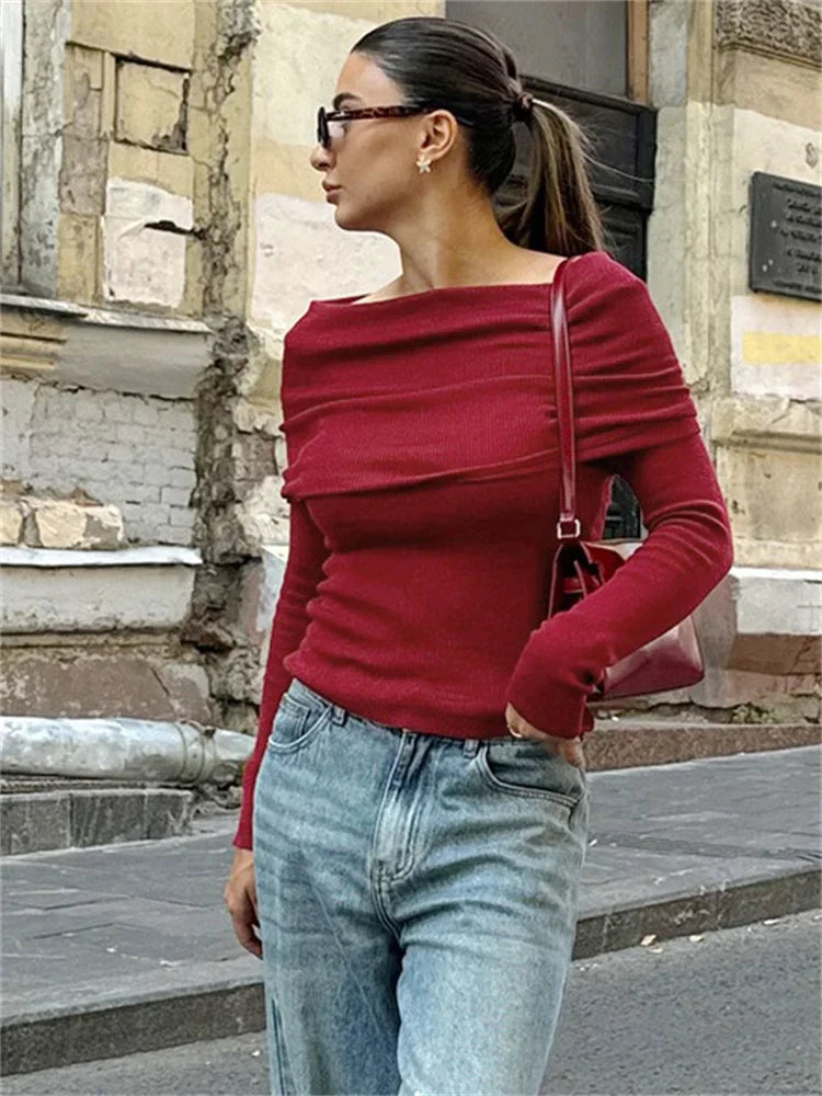Knit Sweater Pullover Top for Off-shoulder Slim High Waist Cropped T-shirt Female Knitwear Pullover