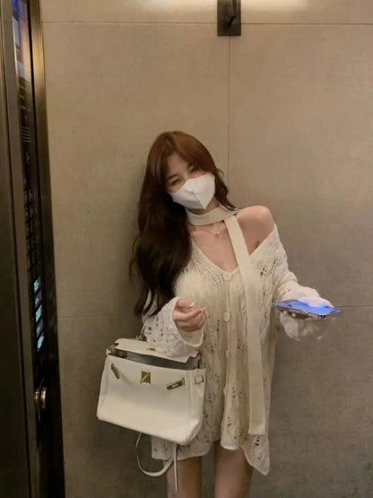 Knitted Sweater Bandage Hollow Out Long Sleeve Loose Stretch V Neck Pullover Ins Female Jumper