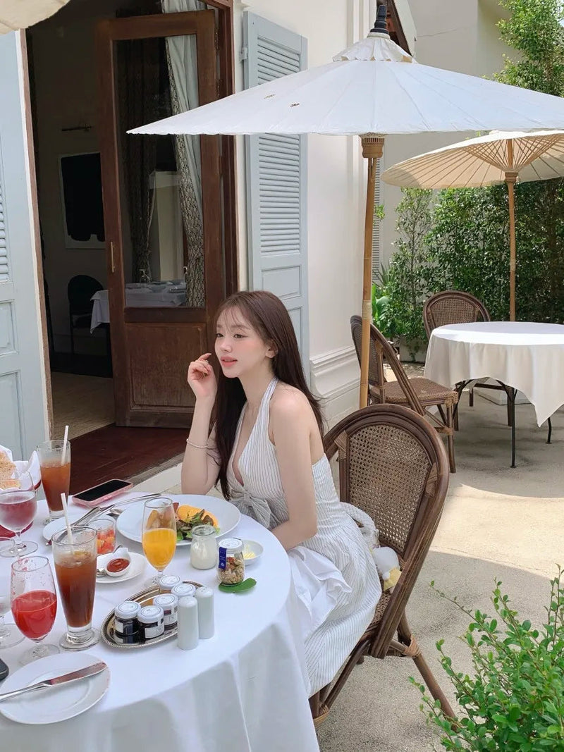 French Vacation Style Hanging Neck Striped Vest Dress Summer New Design Butterfly Bow Long Dresses