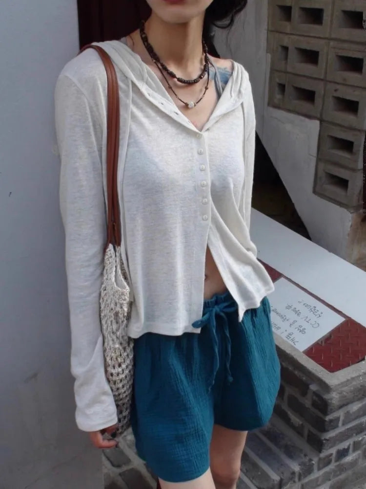Simple Thin White Cardigan Tops Mujer Spring Autumn New Hoodie Sweaters for Long Sleeve Single Breasted Tshirts