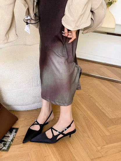 Narrow Band Buckle Strap Woman Pumps Pointed Toe Thin Low Heels Party Dress Female Shoes