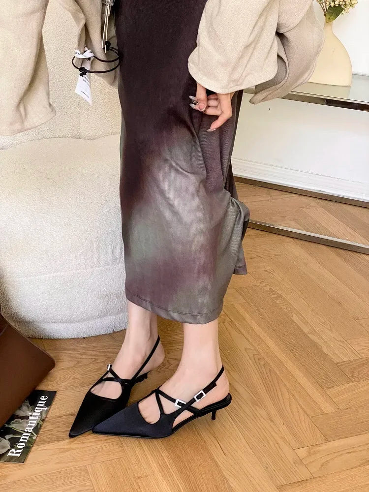 Narrow Band Buckle Strap Woman Pumps Pointed Toe Thin Low Heels Party Dress Female Shoes